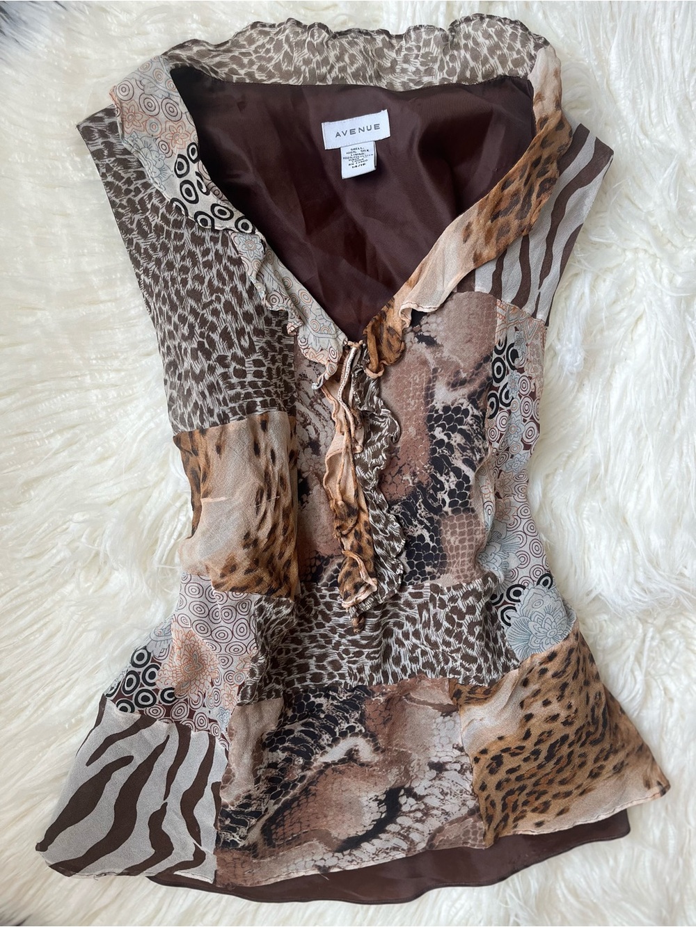 y2k Avenue Brown Multi-Print Ruffle V-Neck Camisole
